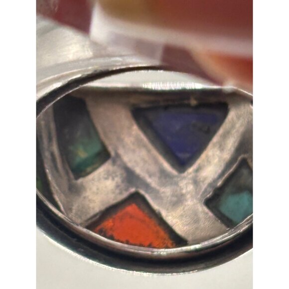 Sterling Silver Ring Multicolor Inlay Gemstones - Turquoise Lapis Onyx 7.5 6g Wt - Picture 6 of 10
